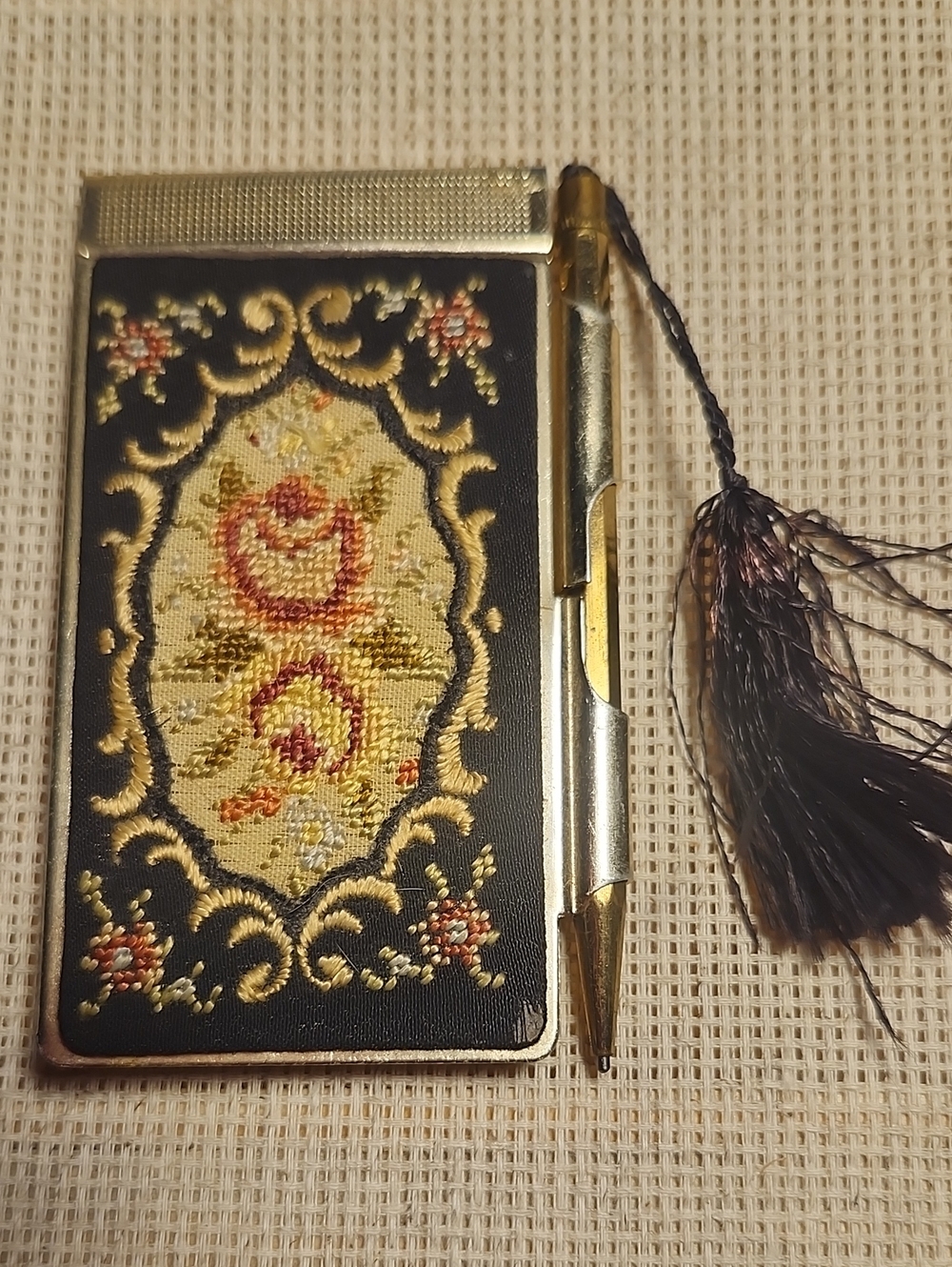 Vintage Petit Point Needlepoint Purse Notebook Compact with Tassel Pen